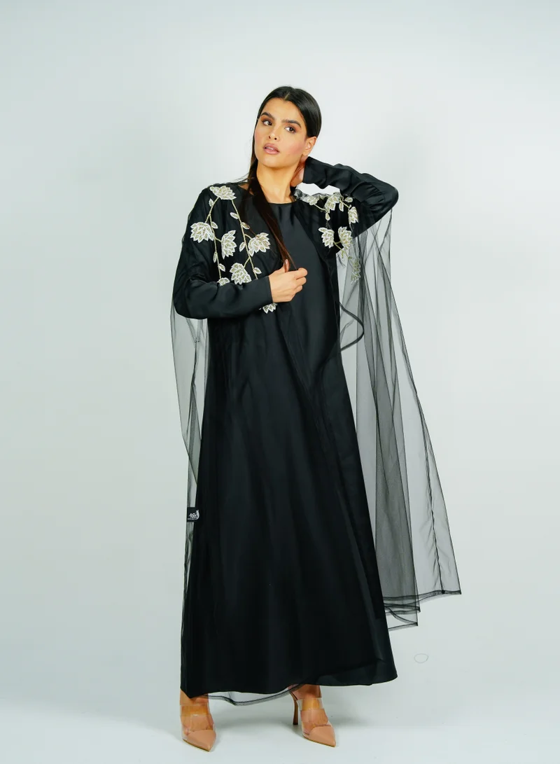 Rosette Abaya  luxurious tulip-embroidered bisht-style tulle abaya set with matching inner dress, perfect for Ramadan and special occasions for Women | Best Price UAE